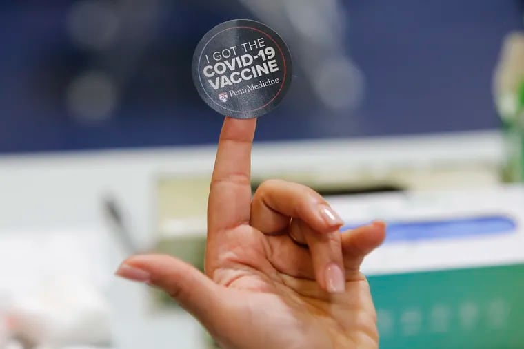 A COVID-19 Vaccine sticker for those who received the shot at a Penn Medicine clinic at the School of the Future in West Philadelphia on March 6.