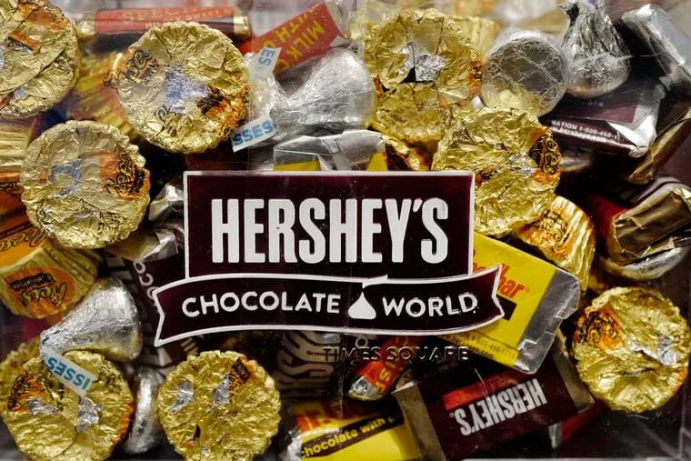 In this March 1, 2017, file photo, a mixture of Hershey's chocolates is displayed in the company's Times Square store in New York.