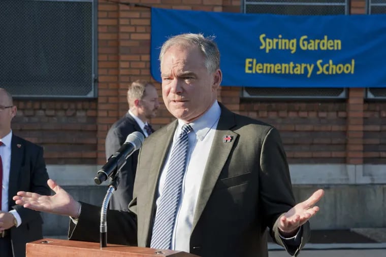 Democratic vice presidential candidate Tim Kaine answers questions from the press during a stop at Spring Garden Elementary School in North Philadelphia on Thursday morning.