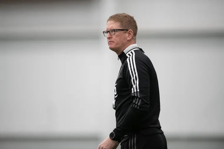Union manager Jim Curtin watches his players during a training session at the 76ers' Fieldhouse in Wilmington, Delaware this week.