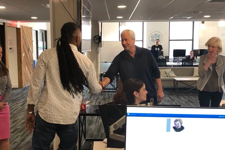 JPMorgan CEO Jamie Dimon meets trainers and students at Zip Code Wilmington, a coding school where the bank recruits for its expanding operations in the metro Philadelphia area