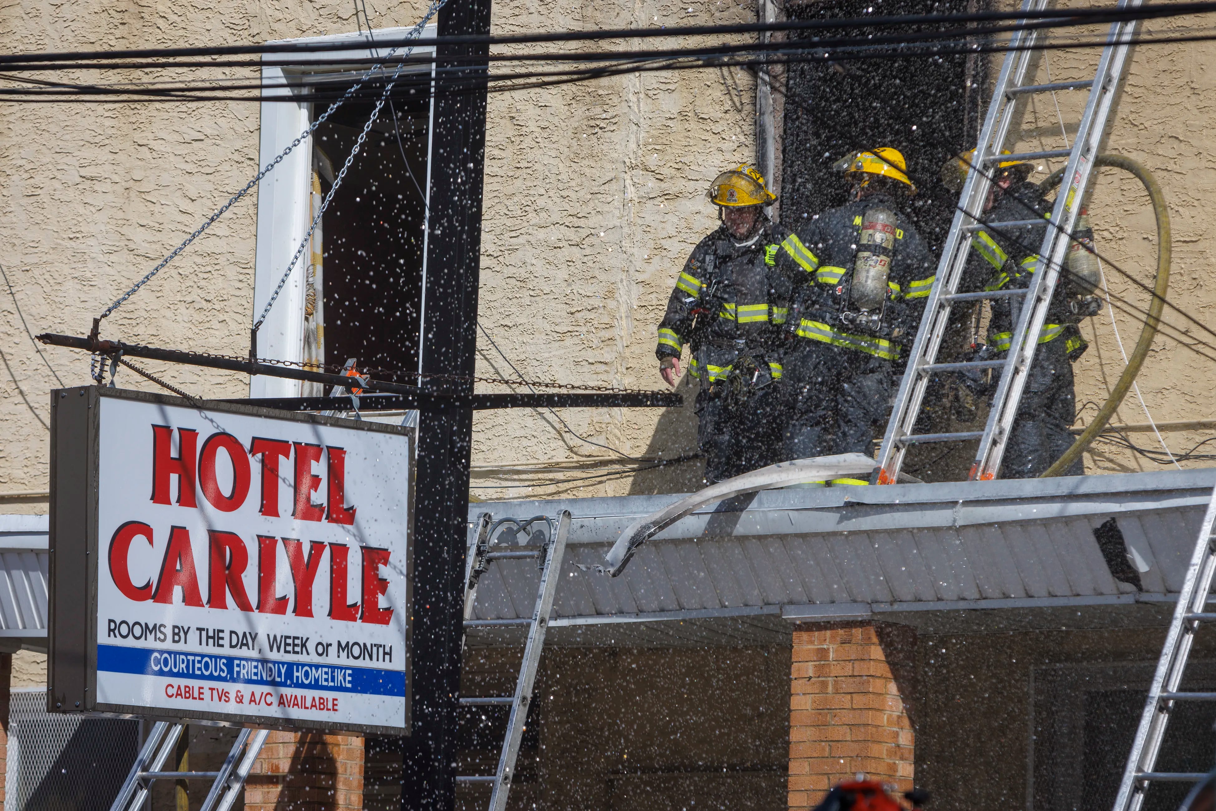 The blaze burned through the second and third floors of Hotel Carlyle in North Philadelphia on Wednesday.