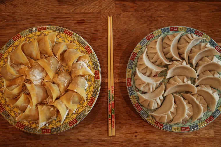 Kiki Aranita’s pork and water chestnut wontons, left, and Judy Ni’s chicken, garlic and chives potstickers, right, sit on the counter before they were cooked at Kiki’s home.