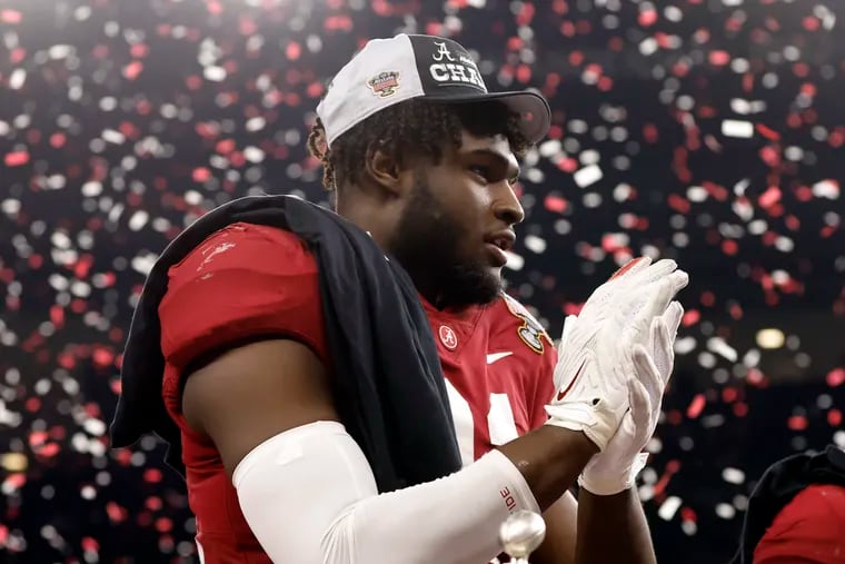 Alabama linebacker Will Anderson Jr. celebrates after the Sugar Bowl NCAA college football game where Alabama defeated Kansas State 45-20, Saturday, Dec. 31, 2022, in New Orleans. (AP Photo/Butch Dill)