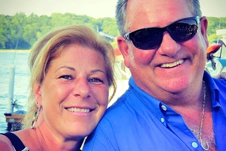 Rick Cardareli, shown here with wife Debbie, was arrested by police at Philadelphia International Airport after asking to retrieve eye drops out of his checked bag. An airport worker said he had made a bomb threat.