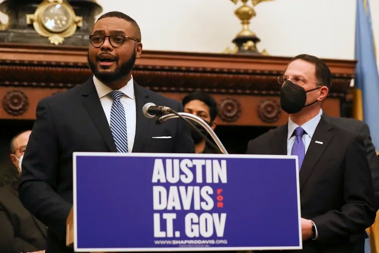 State Rep. Austin Davis speaks about his campaign for lieutenant governor next to Attorney General Josh Shapiro during a press conference at Philadelphia City Hall on Friday. Shapiro, who is running for governor, endorsed Davis for lieutenant governor.
