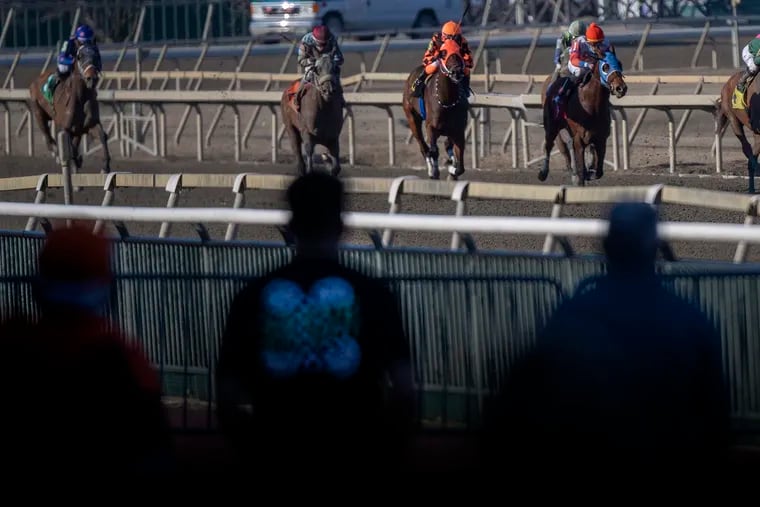 People watch racehorses compete during a race at the Parx horse track in Bensalem, Pa., on Wednesday, March 10, 2021.