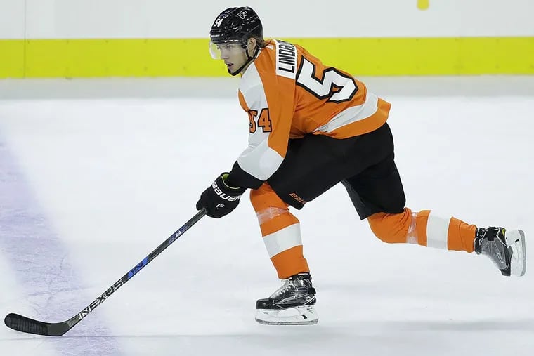 Oskar Lindblom skates against the New York Islanders.