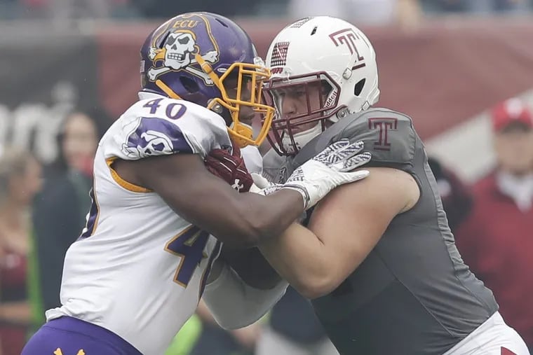 Temple offensive lineman Adam Klein, shown blocking East Carolina defensive end Nate Harvey back on Oct. 6, 2018, was cleared to return to practice.