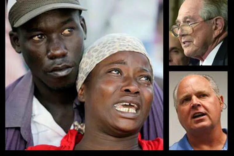 A woman cries in pain while waiting Friday for medical attention in front of a hospital in Carrefour, on the outskirts of Port-au-Prince. Evangelist Pat Robertson, top right, said Haiti has been "cursed" because of its "pact with the devil" throughout history. And conservative radio host Rush Limbaugh, bottom right, urged his listeners not to contribute to Haiti relief. (AP Photo/Ariana Cubillos)