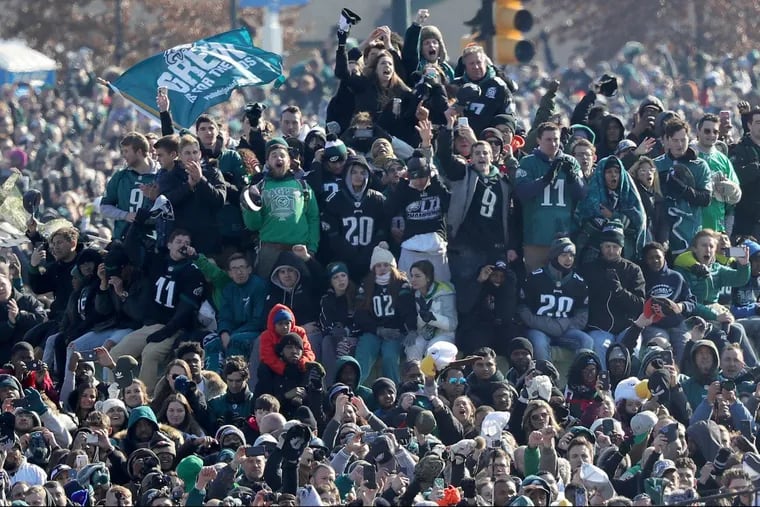 Fans cheer during the Philadelphia Eagles Super Bowl ceremony on Thursday.