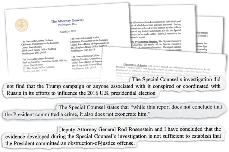 Photo collage of Barr's letter to Congress summarizing the Mueller report, with tearouts of three key findings.