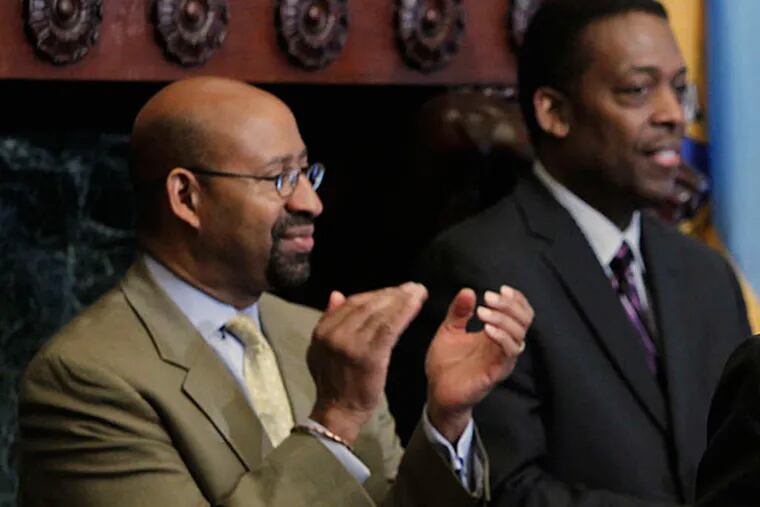 File photo: Despite differences, Mayor Nutter (left) and Council President Darrell Clarke are on the same page in many school-funding areas. (ALEJANDRO A. ALVAREZ / STAFF PHOTOGRAPHER)
