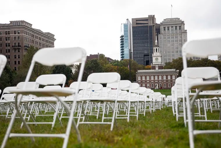 Each chair representing 10 people who died after contracting COVID-19, 866 empty chairs displayed on Independence Mall on Friday represent Pennsylvania's victims of the pandemic. The COVID Survivors for Change organized the event to honor those who have lost a loved one to COVID-19.