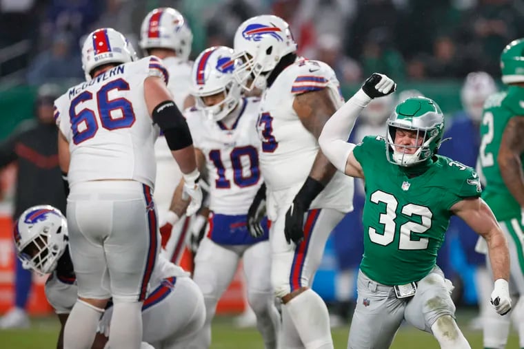 Eagles safety Reed Blankenship celebrates after making a stop against the Bills at Lincoln Financial Field on Nov. 26.