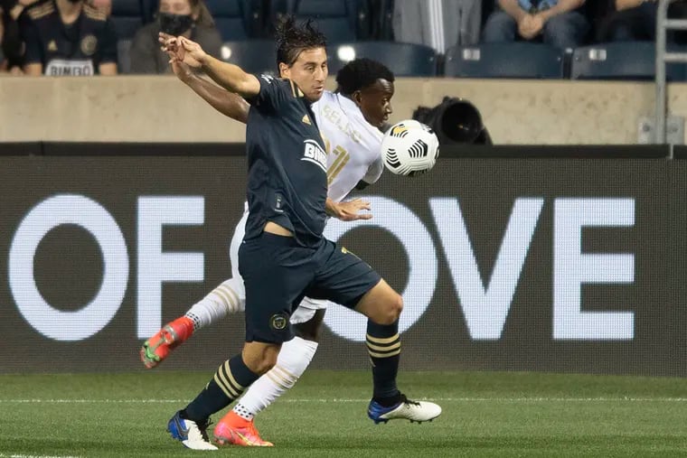 The Union's Alejandro Bedoya battles for ball against Atlanta's George Bello during their Champions League matchup at Subaru Park in May.