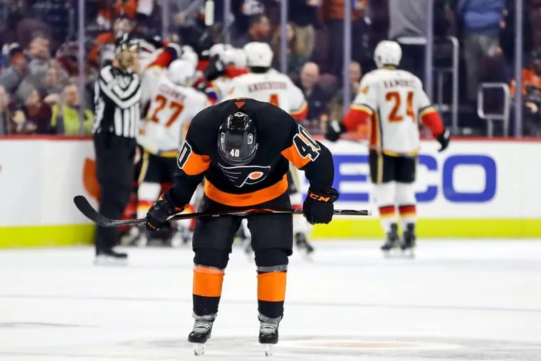 Philadelphia Flyers' Jordan Weal skates off the ice after the Flyers lost  3-2 in overtime against the Calgary Flames in an NHL hockey game, Saturday, Jan. 5, 2019, in Philadelphia. (AP Photo/Matt Slocum)