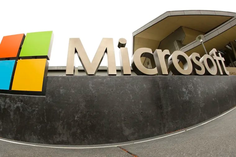 A file photo of the Microsoft Corp. logo outside the Microsoft Visitor Center in Redmond, Wash.