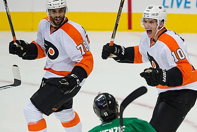 Flyers center Brayden Schenn and right wing Pierre-Edouard Bellemare.(Jerome Miron/USA Today Sports)