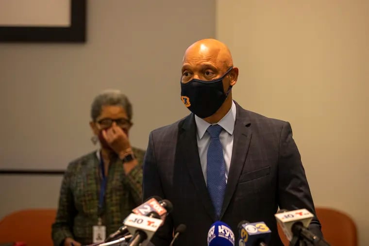 Philadelphia Superintendent William R. Hite Jr. speaks during a news conference at school district headquarters. He will be leaving his post in August, after 10 years in the job.