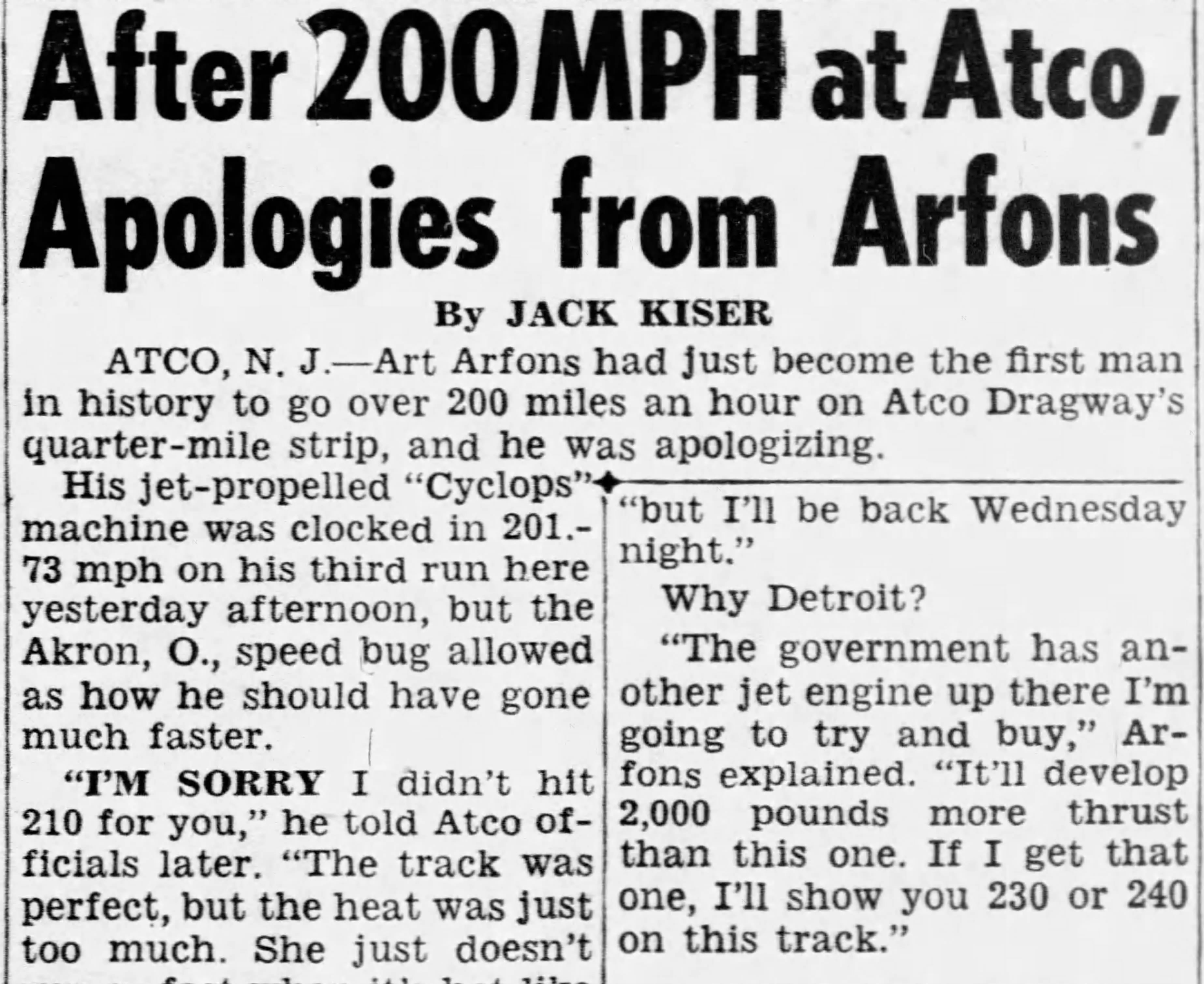 A May 21, 1962, edition of the Daily News details Art Arfons' 200-mph run at Atco Dragway.