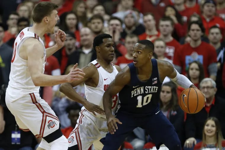 Penn State guard Tony Carr working against Ohio State guard C.J. Jackson, center, and center Micah Potter on Thursday night.