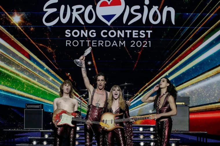 Maneskin from Italy celebrate with the trophy after winning the Eurovision Song Contest in Rotterdam, Netherlands on May 22, 2021.