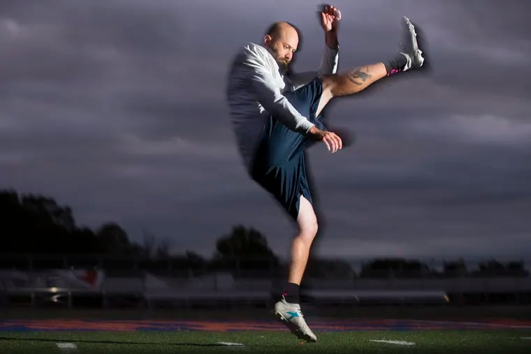 Cole Klubek, a 30-year-old white former college hockey player and Air Force retiree who served two tours in Iraq, and is now the kicker/punter for the football team at historically black Lincoln University. He demonstrates his punting form on Oct. 17, 2019.