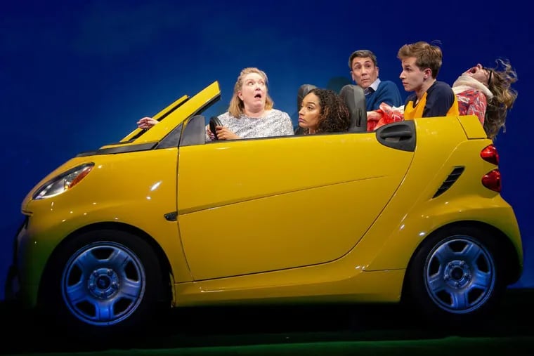 (Left to right:) Kristine Nielsen, Rachel Nicks, Robert Sella, Nicholas Podany, and Jenn Harris in “Turning Off the Morning News,” through June 3 at the McCarter Theatre Center in Princeton, N.J.