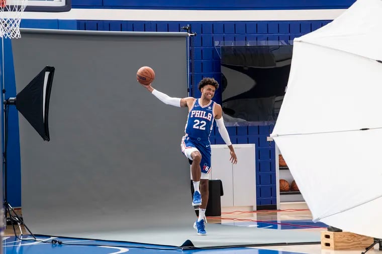 Sixers, Matisse Thybulle, strikes a pose during media day at the Seventy Sixers Practice Facility.