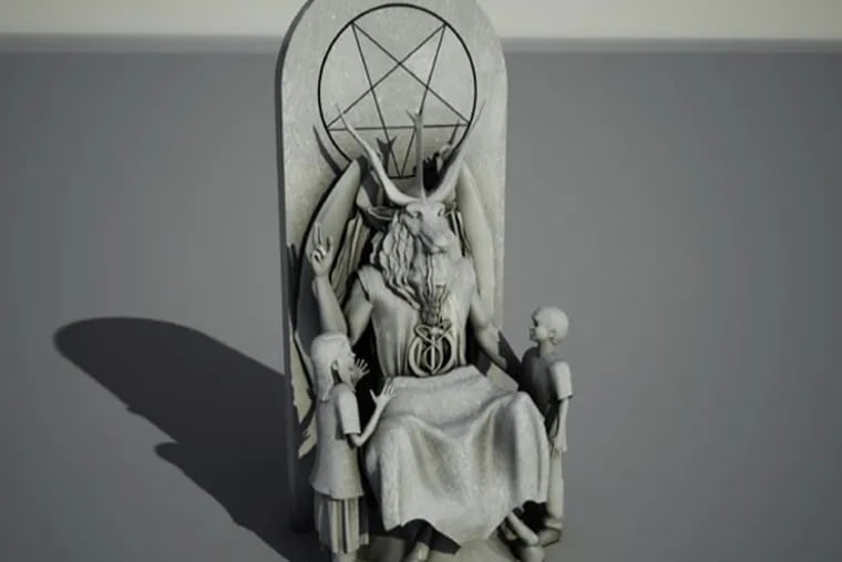 According to The Satanic Temple's application, the proposed monument features a large pentagram and “a 7-foot tall goat-headed Baphomet that sits cross-legged flanked by a child on both sides. The lap will serve as a seat for visitors.” (Illustration courtesy of The Satanic Temple)