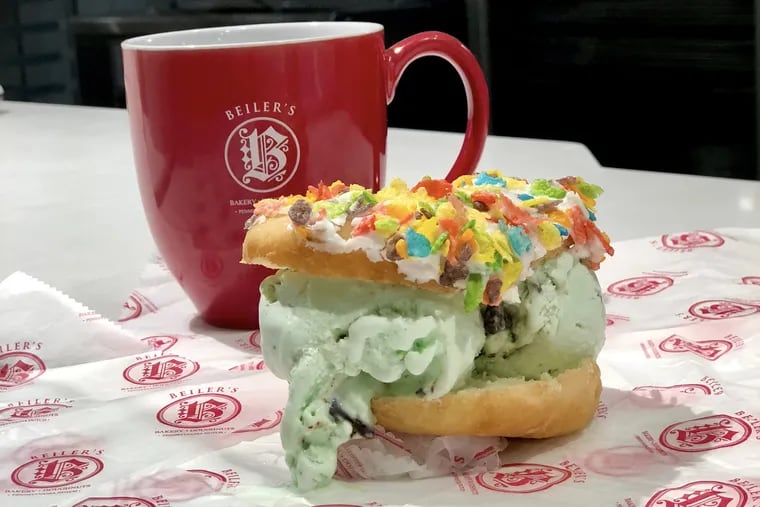 Ice cream sandwich at Beiler's Doughnuts in University City is made from a sliced doughnut and two scoops of Bassetts ice cream.