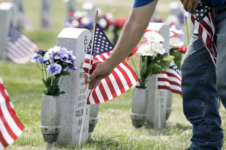 An American flag on a veteran's grave.