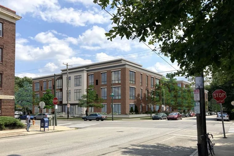In response to neighborhood concerns, the developer of the proposed apartment building at 48th and Chester agreed to reduce the height to three stories. This rendering shows the building in the context of an existing apartment house.