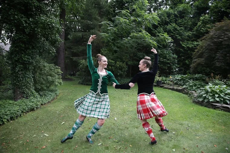 Caroline Drummond, left, and Brigid Peyton, right, practice Highlands dancing at Peyton's home in Maple Glen, They are going to Scotland this summer to dance at the Edinburgh Fringe.