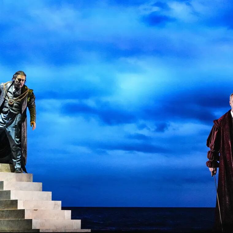 Quinn Kelsey as Simon Boccanegra with Christian Van Horn as Jacopo Fiesco in Opera Philadelphia's Simon Boccanegra.