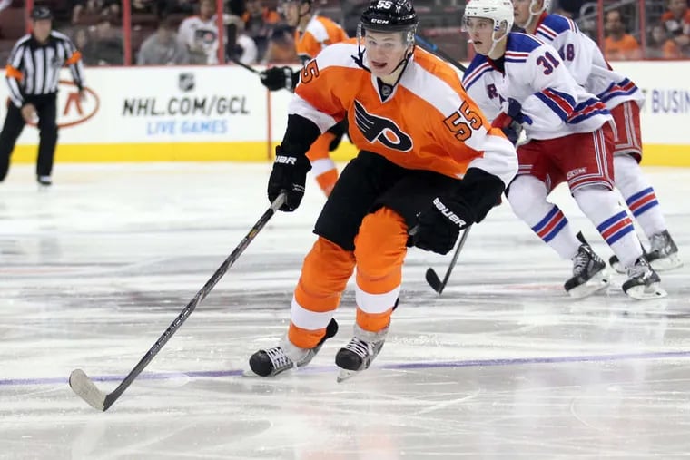 Defenseman Samuel Morin skates toward the puck in an exhibition game last season against the Rangers. He is being shifted to left wing.