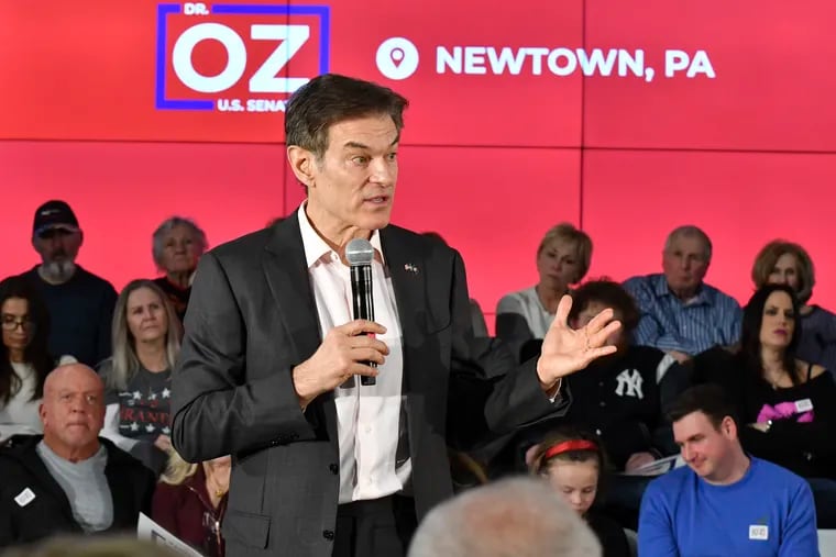 Mehmet Oz, the TV celebrity and heart surgeon who is running for the Republican nomination for U.S. Senate in Pennsylvania, speaks at a town hall-style event at the Newtown Athletic Club on Feb. 20.