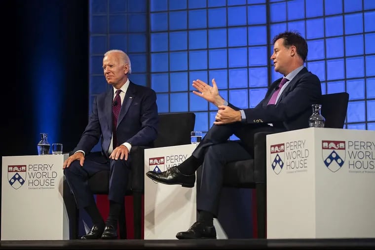 Vice President Joe Biden and former British deputy prime minister Nick Clegg at University of Pennsylvania collogquium