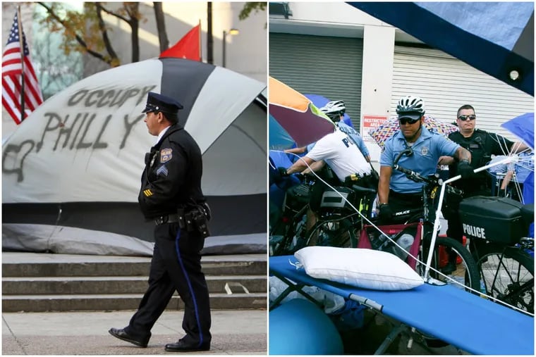 A Philadelphia police officer patrols the Occupy Philly encampment (left) during a 56-day protest at City Hall's Dilworth Plaza in the fall of 2011. Philadelphia Police Officers (left) dismantled a protest at a local Immigration and Customs Enforcement office Thursday after three days.