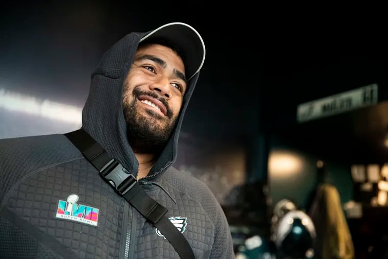 Philadelphia Eagles offensive tackle Jordan Mailata talks with reporters at his locker at the NovaCare Complex in Philadelphia, Pa. on Tuesday, February 14, 2023. The Philadelphia Eagles lost in the Super Bowl to the Kansas City Chiefs.
