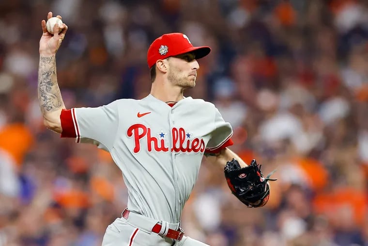 Phillies relief pitcher Connor Brogdon delivers in the seventh inning of World Series Game 2 against the Houston Astros.