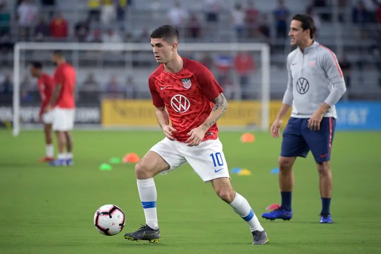 Christian Pulisic warming up for the United States men's national soccer team's game against Ecuador earlier this month.