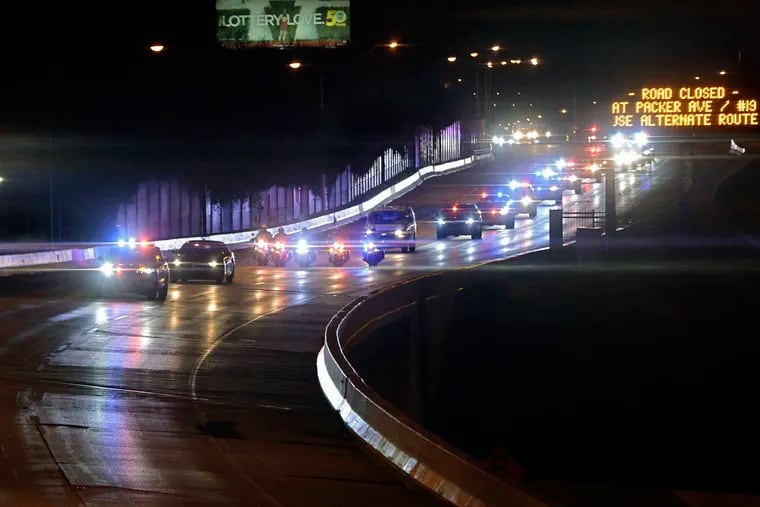Police procession on Interstate 95 for Pa. State Troopers Martin F. Mack, 33, and Branden T. Sisca, 29, who were killed as they assisted Reyes Rivera Oliveras, 28. Oliveras also was killed in the 2022 crash.