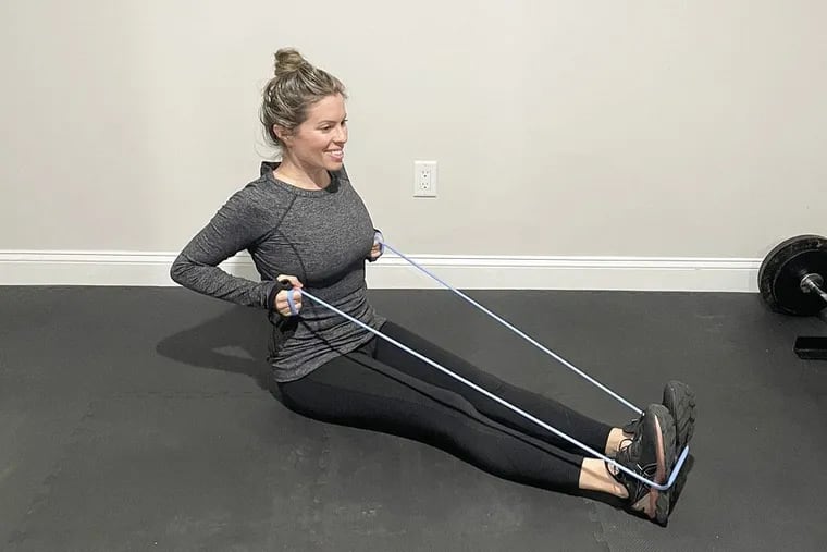 Ashley demonstrates a row variation with a resistance band. This is a good alternative to weight machine pulley systems found at gym.