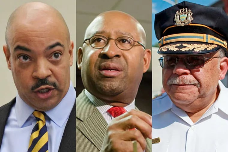 (From left to right) Philadelphia District Attorney Seth Williams, Mayor Michael Nutter and Police Commissioner Charles H. Ramsey are being sued by five acquitted narcotics officers who claim they were unfairly maligned by accusation that lef to their firings and arrests.