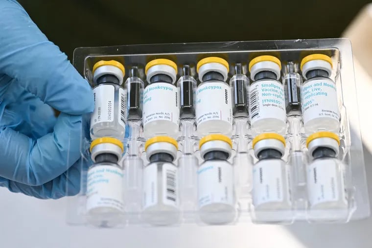 Vials of the JYNNEOS Monkeypox vaccine are prepared at a pop-up vaccination clinic in Los Angeles.