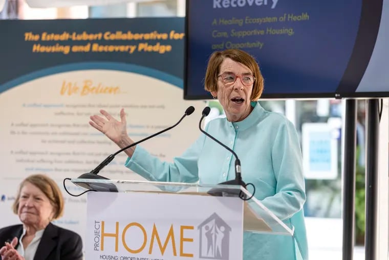 Sister Mary Scullion, Executive Director of Project HOME, speaks at the unveiling of the Estadt-Lubert Collaborative for Housing and Recovery in Philadelphia, Pa., on Wednesday, May 31, 2023.