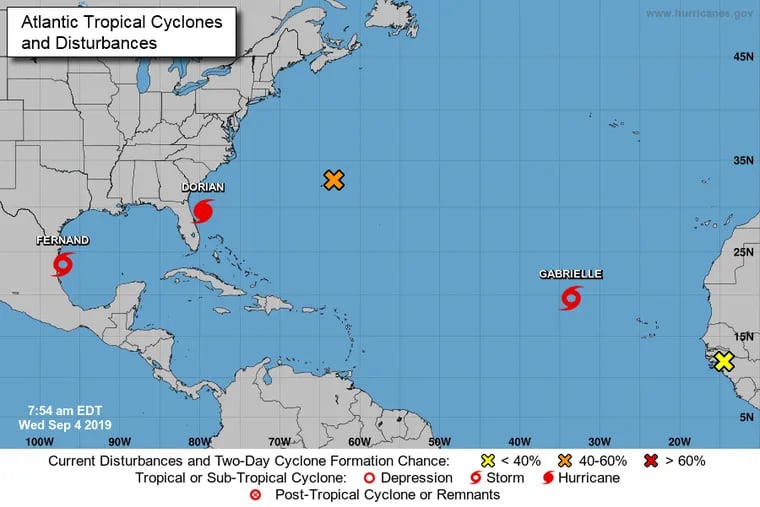 Three named storms are churning in the Atlantic Basin, with the "x's" marking two more potentials.