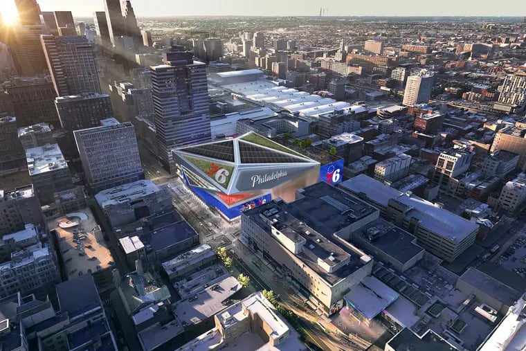 A rendering of what an arena proposed by the Philadelphia 76ers managing partners might look like. The arena as depicted is bounded on the south by Market Street between 10th and 11th Streets and extends north over the current Filbert Street.